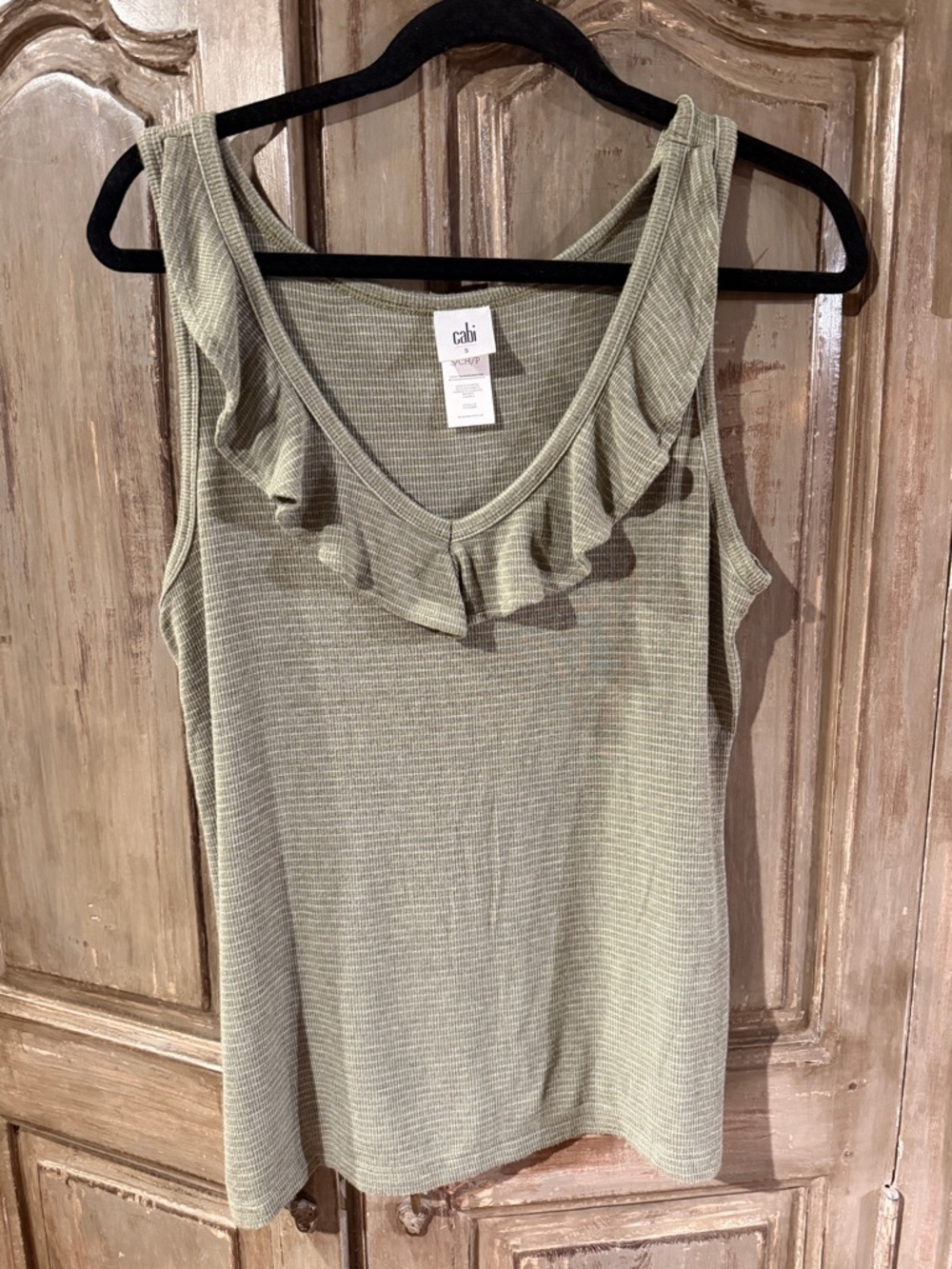 CAbi Wink Ruffle Ribbed Tank - Olive Stripe